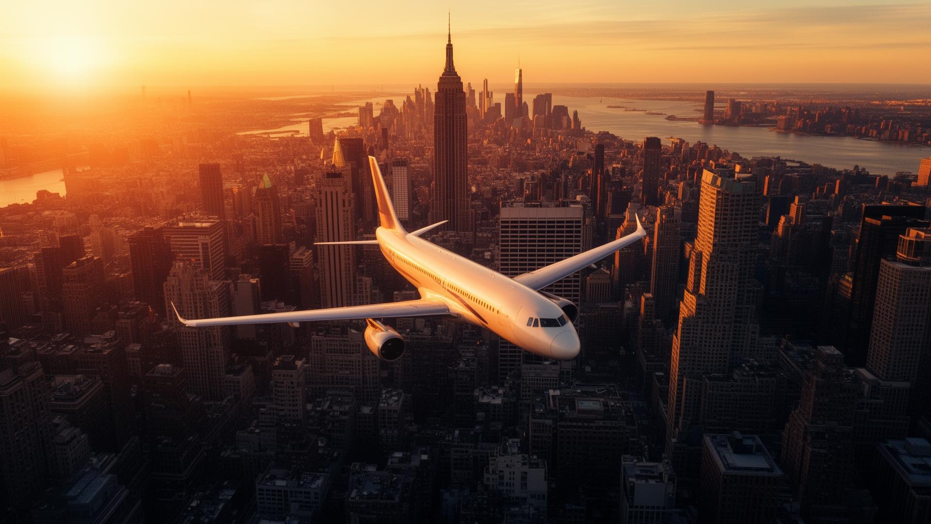 Airplane gliding over the New York City skyline at sunset
